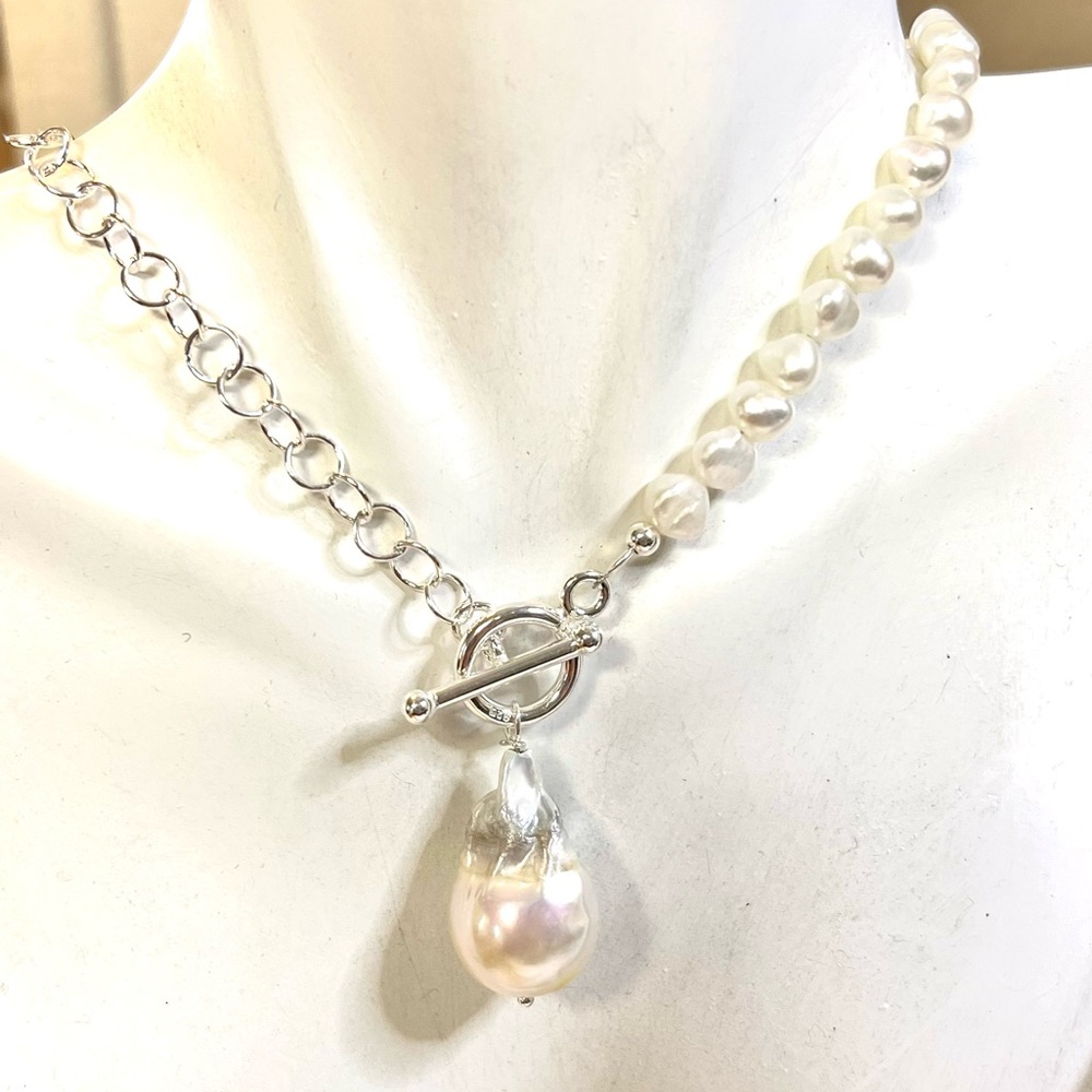 925 Sterling Silver. Freshwater Pearl Natural. Necklace